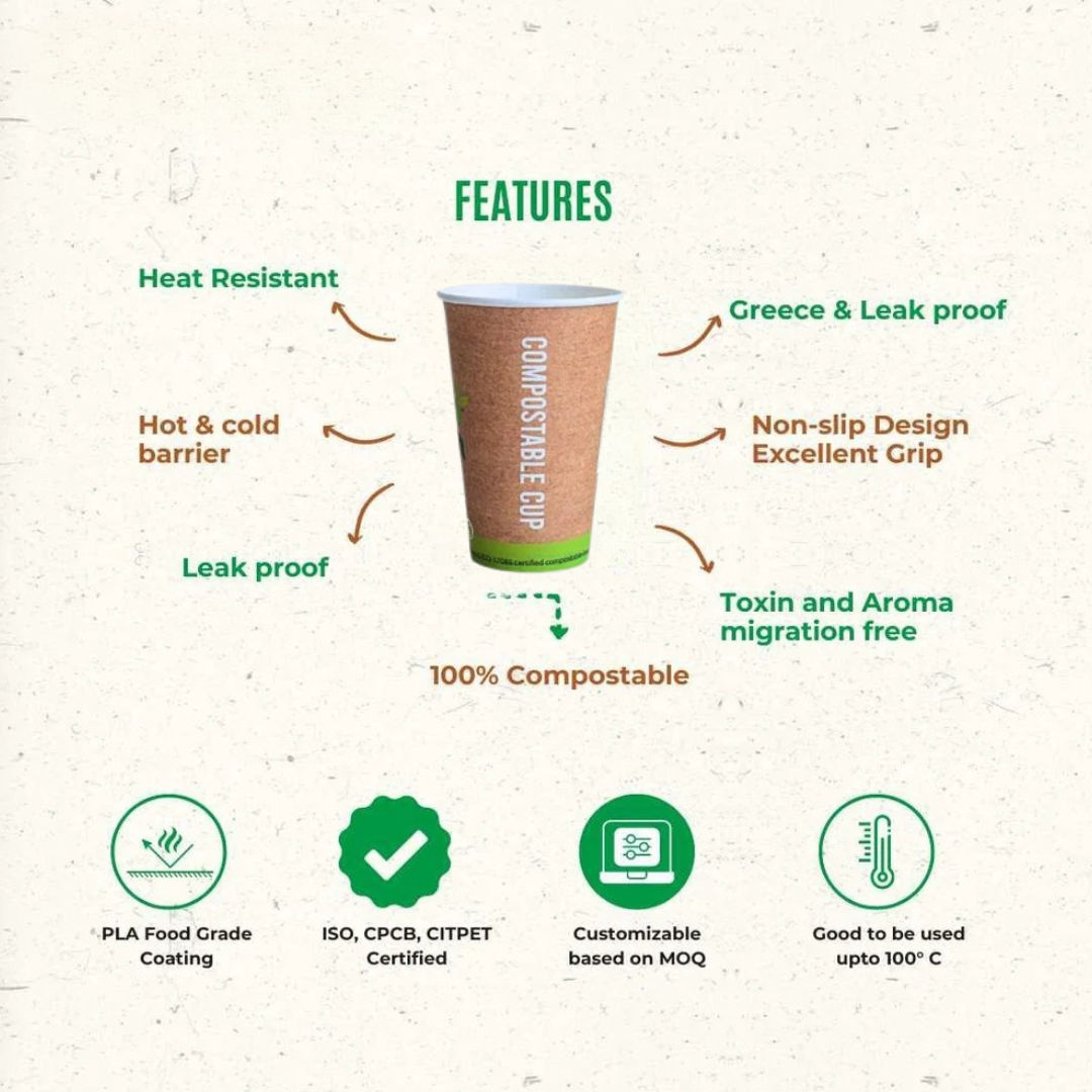 Bio Tea Cups 240 ML Brown, Compostable Pla Coated